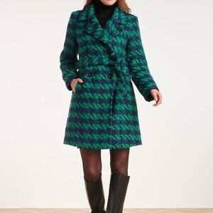 Green and Blue Houndstooth Double Breasted Wool Pea Coat with slight A Line. NWT